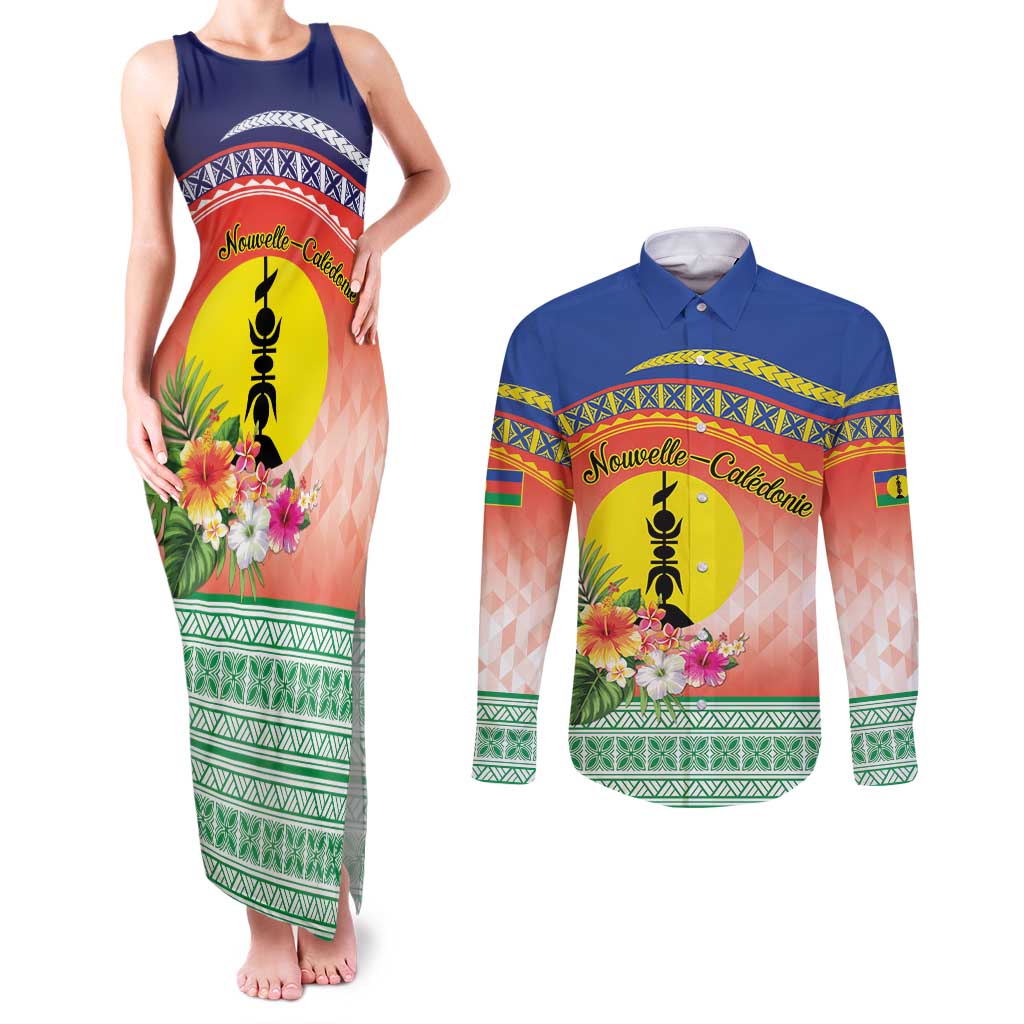 New Caledonia Nautilus Shell Couples Matching Tank Maxi Dress and Long Sleeve Button Shirt Polynesian Tropical Flowers