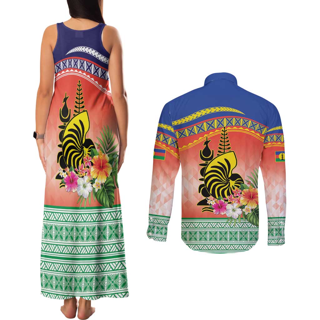 New Caledonia Nautilus Shell Couples Matching Tank Maxi Dress and Long Sleeve Button Shirt Polynesian Tropical Flowers LT9 - Polynesian Pride