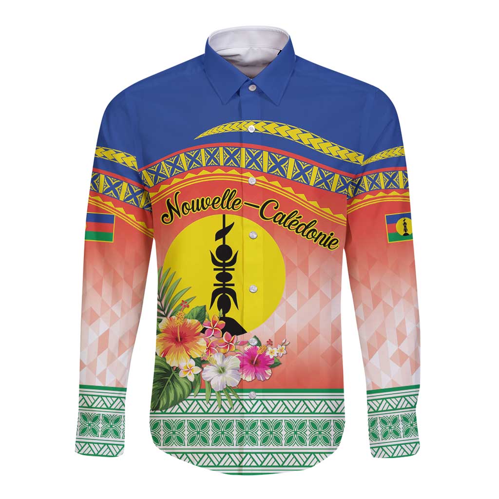 New Caledonia Nautilus Shell Long Sleeve Button Shirt Polynesian Tropical Flowers