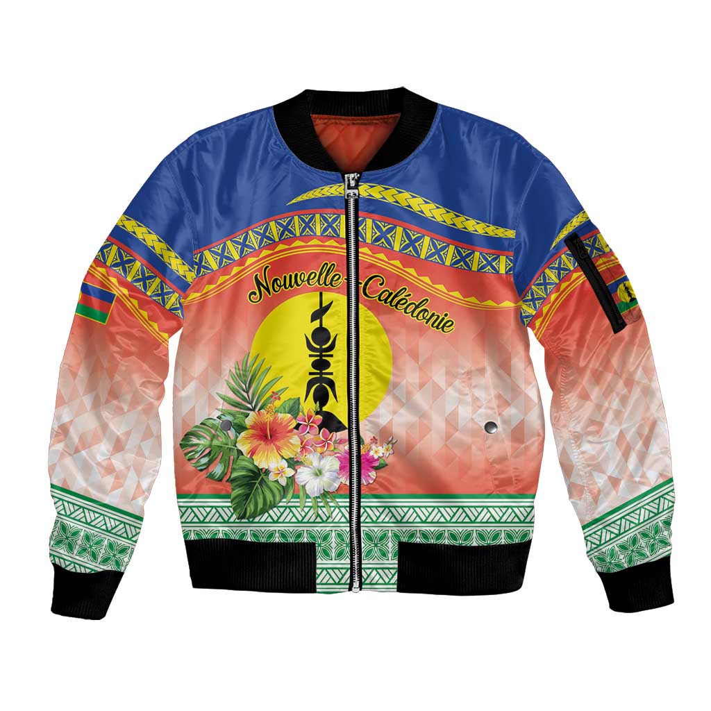 New Caledonia Nautilus Shell Sleeve Zip Bomber Jacket Polynesian Tropical Flowers