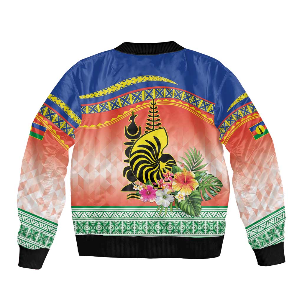 New Caledonia Nautilus Shell Sleeve Zip Bomber Jacket Polynesian Tropical Flowers LT9 - Polynesian Pride