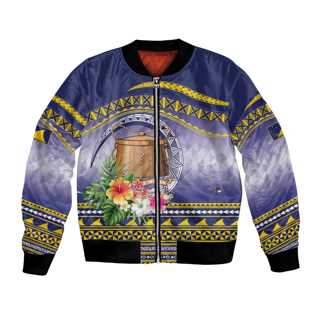 Tokelau Tuluma Bomber Jacket Polynesian Tropical Flowers LT9 Unisex Blue - Polynesian Pride