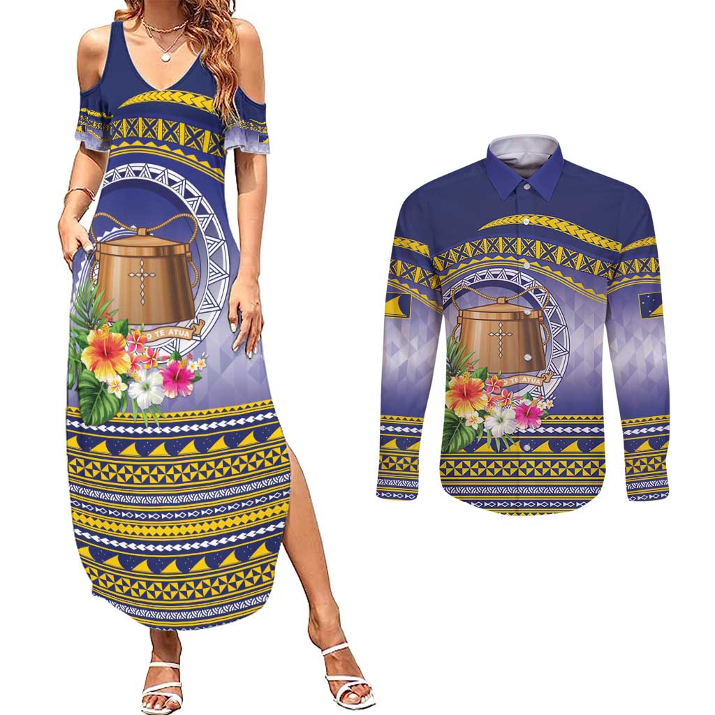 Tokelau Tuluma Couples Matching Summer Maxi Dress and Long Sleeve Button Shirt Polynesian Tropical Flowers