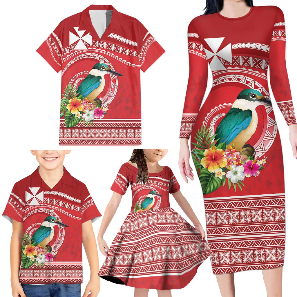 Wallis et Futuna Kingfisher Family Matching Long Sleeve Bodycon Dress and Hawaiian Shirt Polynesian Tropical Flowers