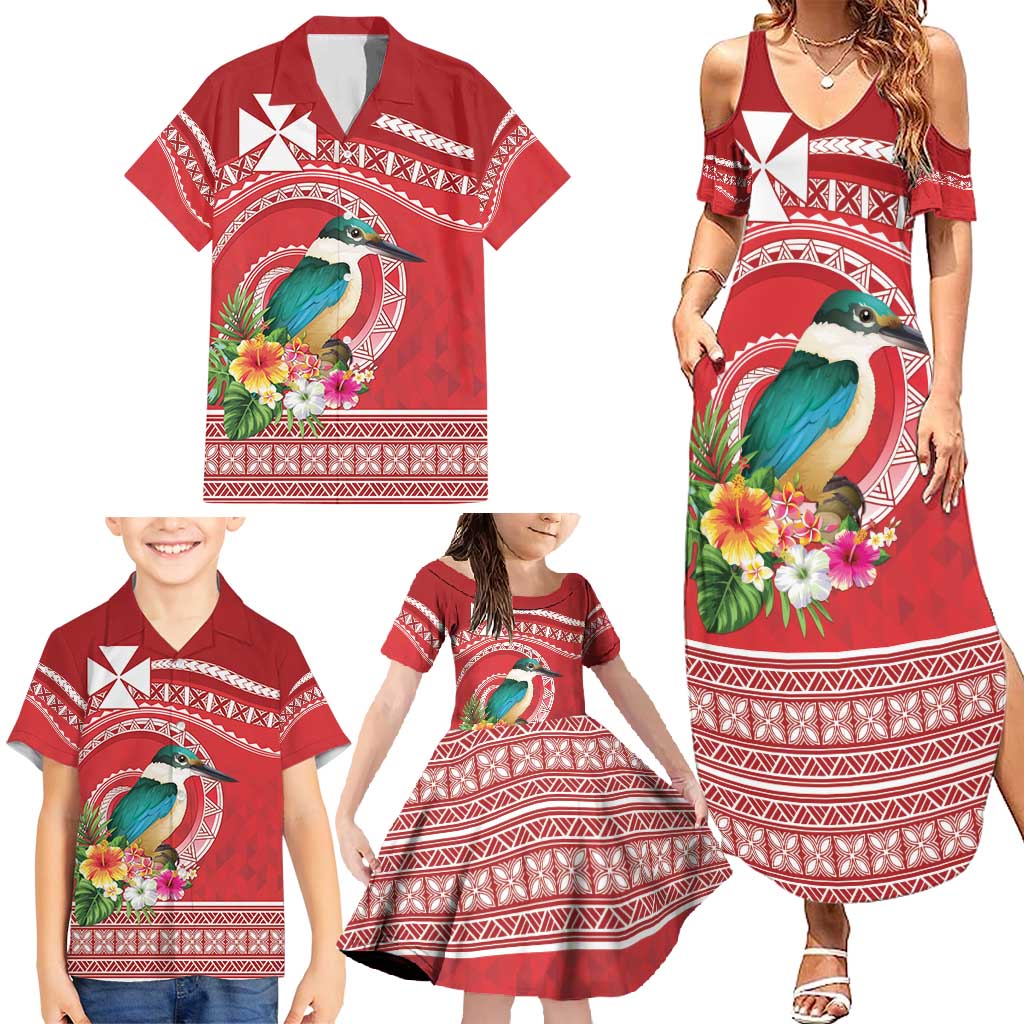 Wallis et Futuna Kingfisher Family Matching Summer Maxi Dress and Hawaiian Shirt Polynesian Tropical Flowers