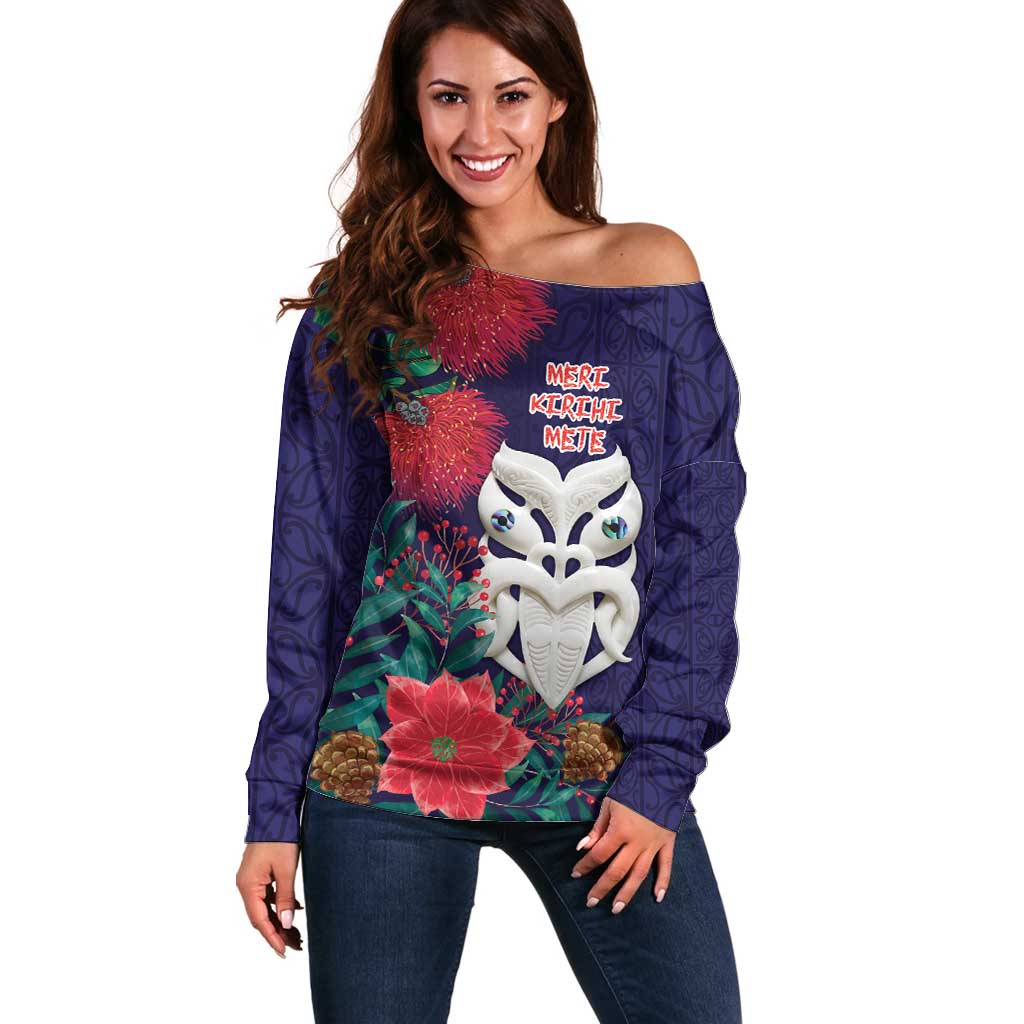 Maori Wheku Meri Kirihimete Personalised Off Shoulder Sweater All Blue Indigenous Maori Motif LT9 Women Blue - Polynesian Pride