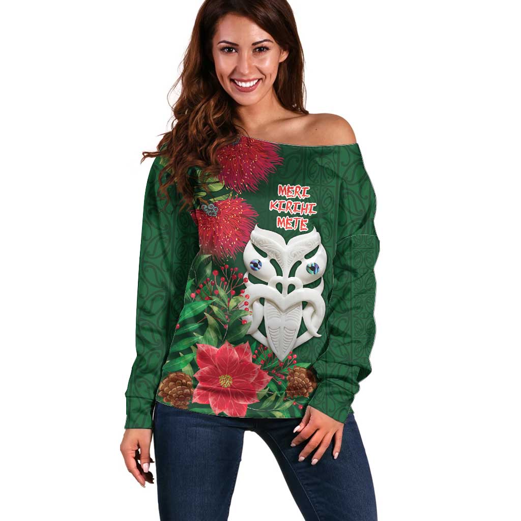 Maori Wheku Meri Kirihimete Personalised Off Shoulder Sweater All Green Indigenous Maori Motif LT9 Women Green - Polynesian Pride