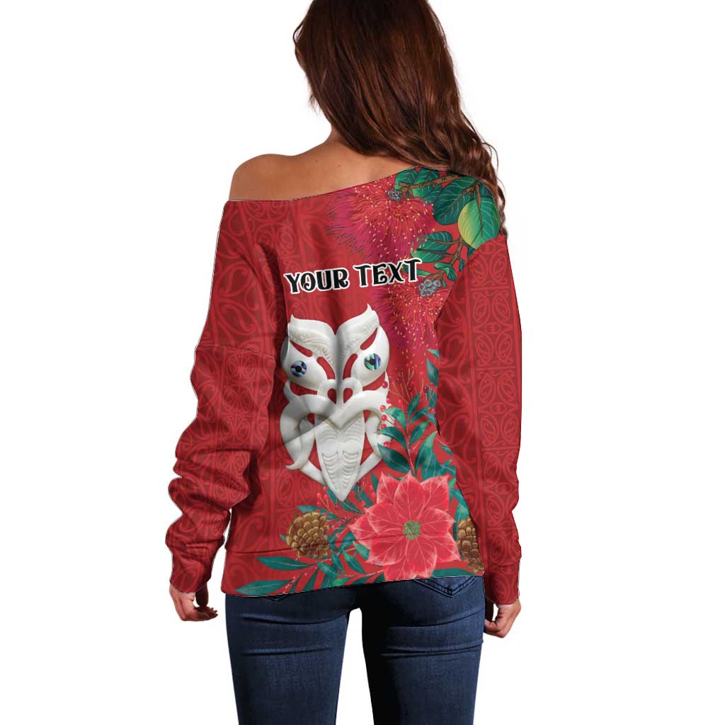 Maori Wheku Meri Kirihimete Personalised Off Shoulder Sweater All Red Indigenous Maori Motif LT9 - Polynesian Pride