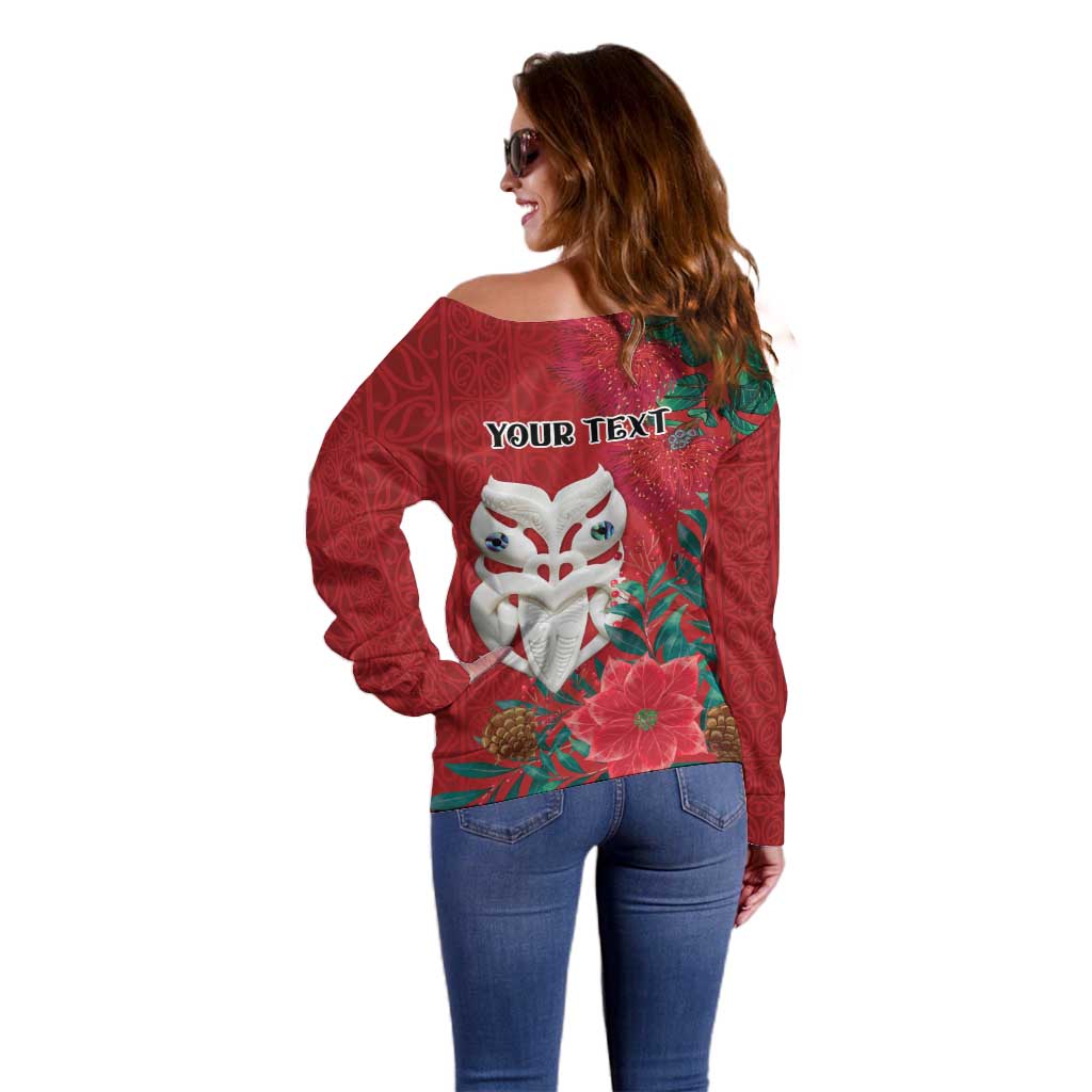 Maori Wheku Meri Kirihimete Personalised Off Shoulder Sweater All Red Indigenous Maori Motif LT9 - Polynesian Pride