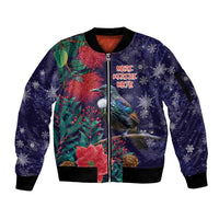 Tui Meri Kirihimete Personalised Sleeve Zip Bomber Jacket Pohutukawa Flowers Blue Motif LT9 Unisex Blue - Polynesian Pride