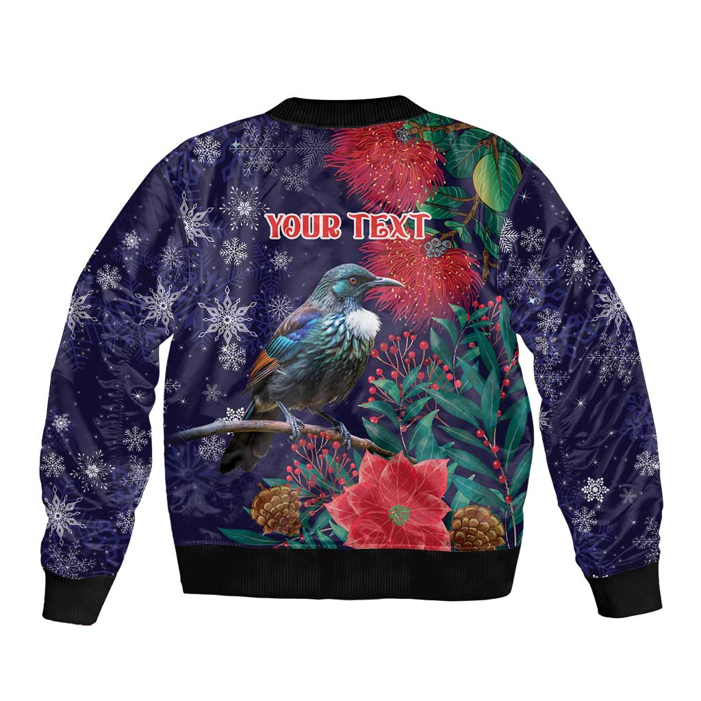 Tui Meri Kirihimete Personalised Sleeve Zip Bomber Jacket Pohutukawa Flowers Blue Motif LT9 - Polynesian Pride