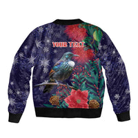 Tui Meri Kirihimete Personalised Sleeve Zip Bomber Jacket Pohutukawa Flowers Blue Motif LT9 - Polynesian Pride