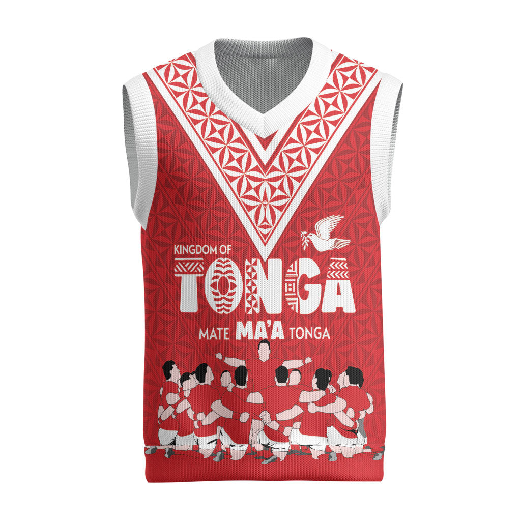 Mate Ma'a Tonga Custom Christmas Knitted V-Neck Vest Tongan Sipi Tau Ngatu Inspired Red LT9 Red - Polynesian Pride