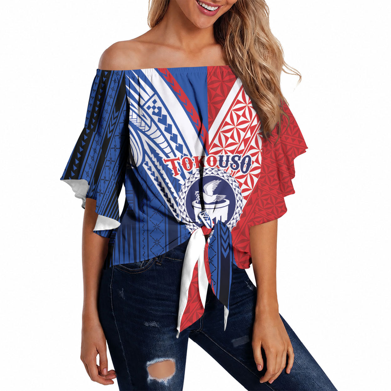 TokoUso Samoa Tonga Personalised Off Shoulder Wrap Waist Top Pacific Brotherhood Tribal Pattern LT9 Multicolor - Polynesian Pride
