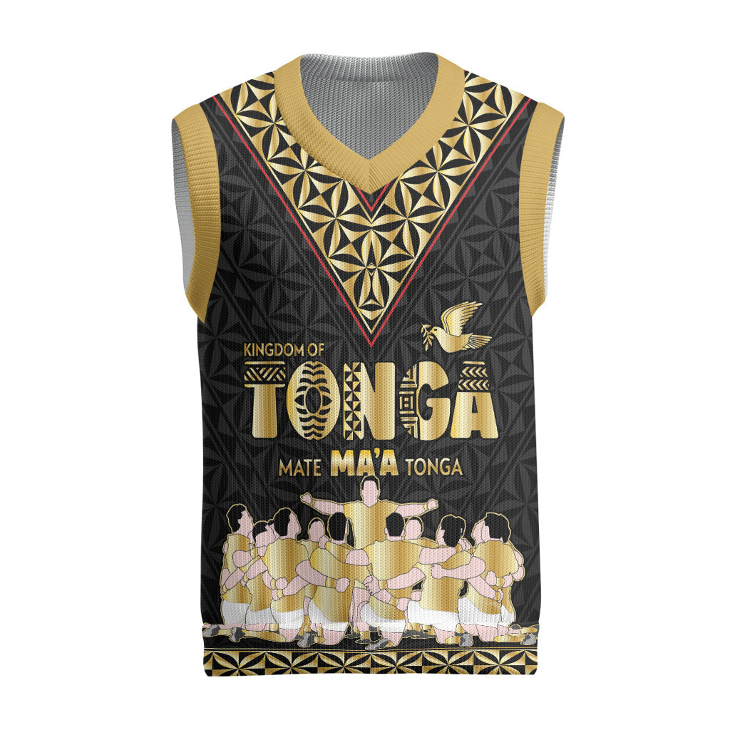 Mate Ma'a Tonga Custom Christmas Knitted V-Neck Vest Tongan Sipi Tau Ngatu Inspired Black LT9 Black - Polynesian Pride