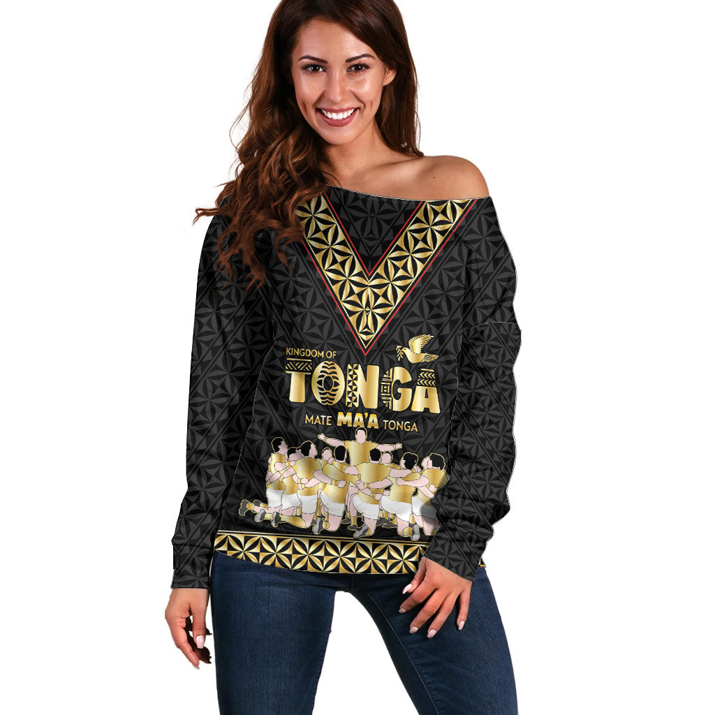 Mate Ma'a Tonga Custom Off Shoulder Sweater Tongan Sipi Tau Ngatu Inspired Black LT9 Women Black - Polynesian Pride