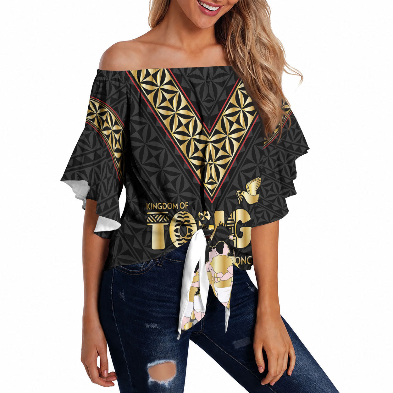 Mate Ma'a Tonga Custom Off Shoulder Wrap Waist Top Tongan Sipi Tau Ngatu Inspired Black LT9 Black - Polynesian Pride