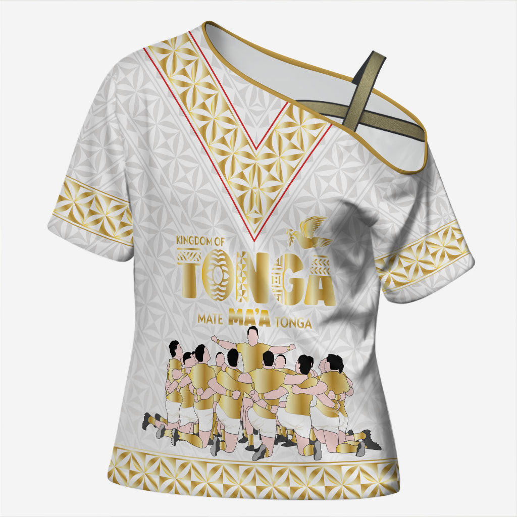 Mate Ma'a Tonga Custom Cross Shoulder Shirt Tongan Sipi Tau Ngatu Inspired Gold LT9 Female Gold - Polynesian Pride