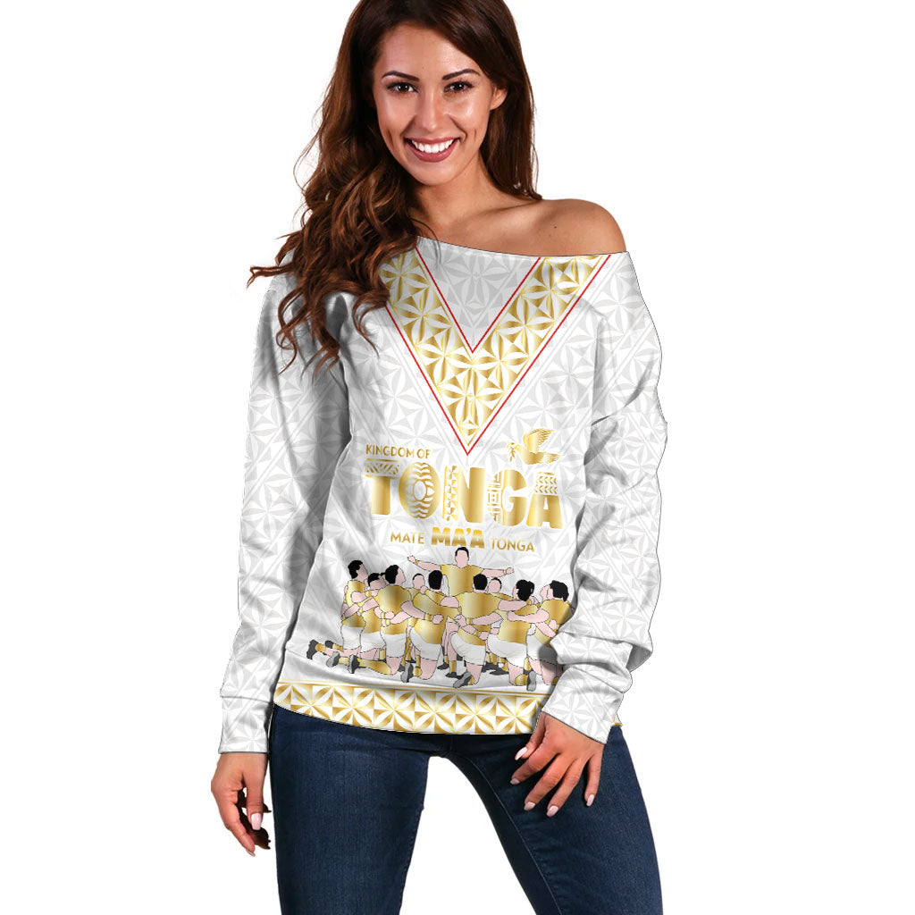 Mate Ma'a Tonga Custom Off Shoulder Sweater Tongan Sipi Tau Ngatu Inspired Gold LT9 Women Gold - Polynesian Pride