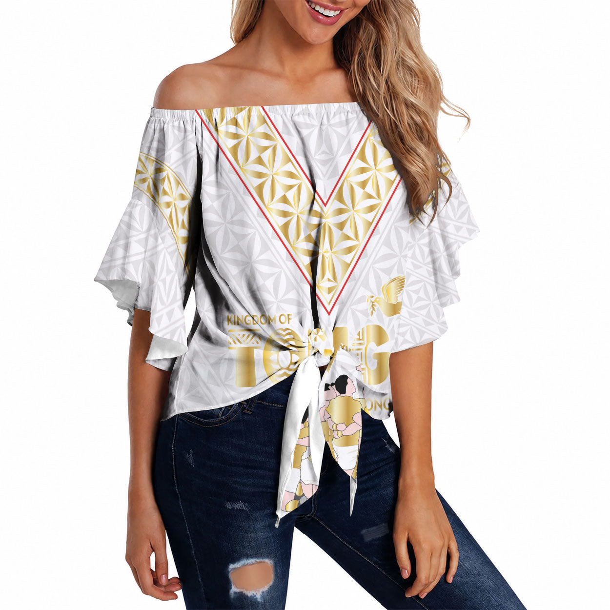 Mate Ma'a Tonga Custom Off Shoulder Wrap Waist Top Tongan Sipi Tau Ngatu Inspired Gold LT9 Gold - Polynesian Pride