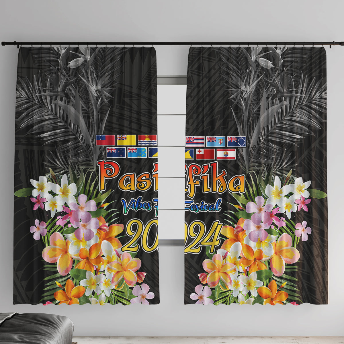 Pasifika Vibes Festival 2024 Auckland Window Curtain LT9 With Hooks Black - Polynesian Pride