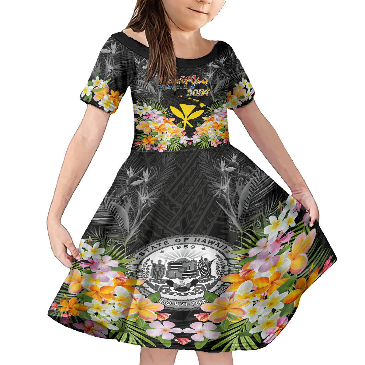 Pasifika Vibes Festival 2024 Kid Short Sleeve Dress Kanaka Maoli With Hawaiian Islands LT9 KID Black - Polynesian Pride