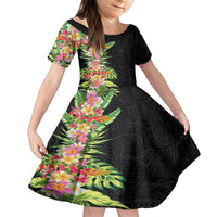 Hawaii Tropical Flowers Tribal Pattern Kid Short Sleeve Dress No1 LT9 KID Black - Polynesian Pride