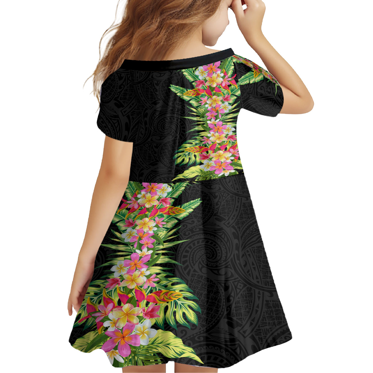 Hawaii Tropical Flowers Tribal Pattern Kid Short Sleeve Dress No1 LT9 - Polynesian Pride