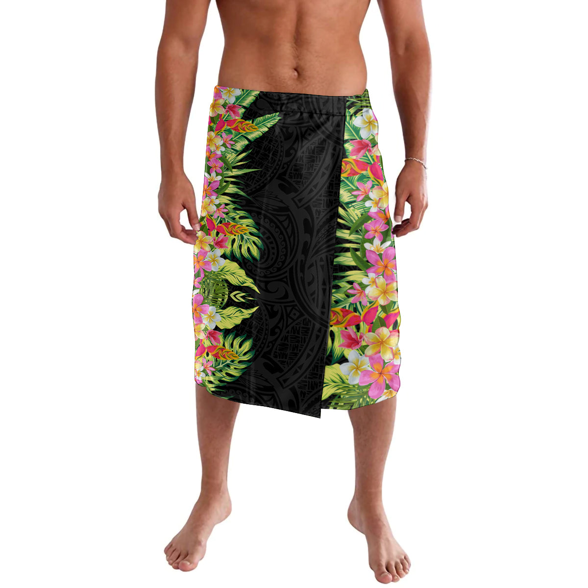 Hawaii Tropical Flowers Tribal Pattern Lavalava No1 LT9 Black - Polynesian Pride