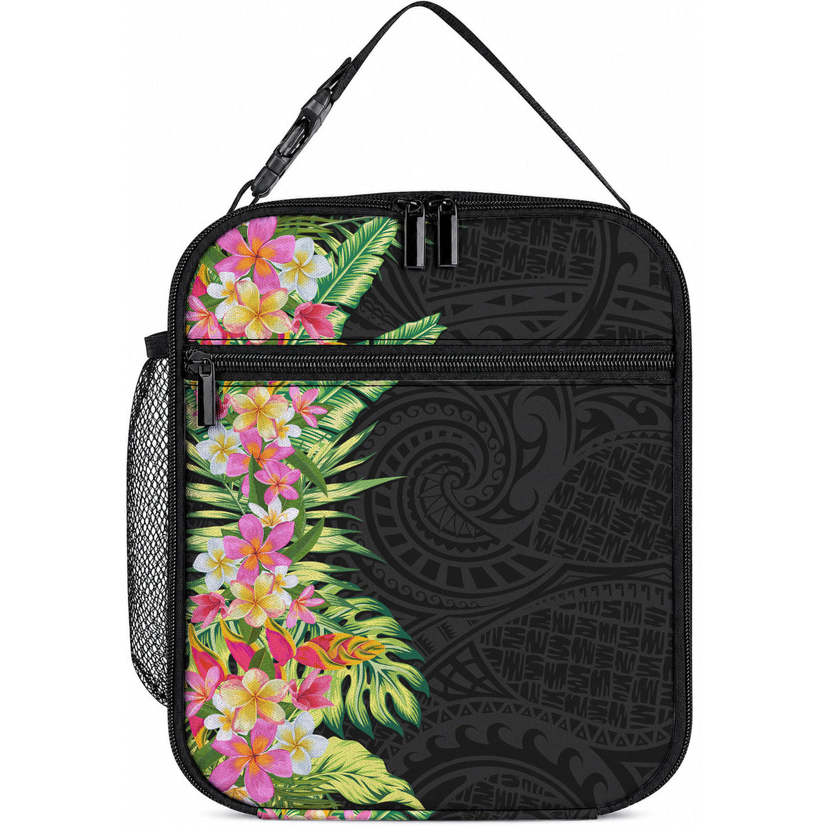 Hawaii Tropical Flowers Tribal Pattern Lunch Bag No1 LT9 10.2 × 8.3 × 4.3 inch Black - Polynesian Pride