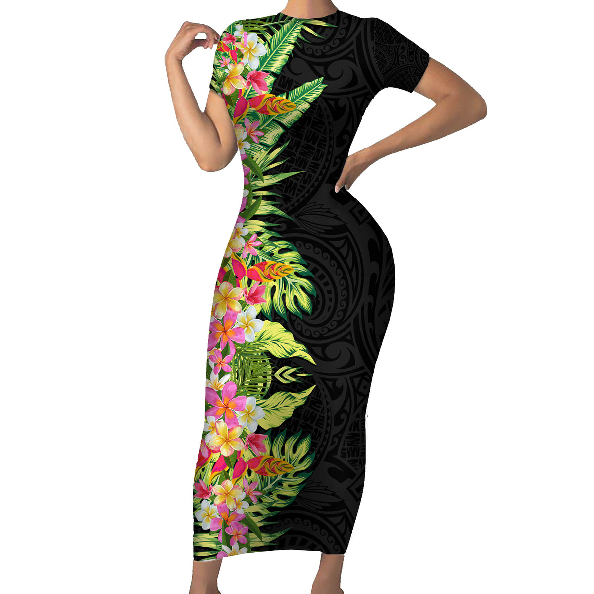 Hawaii Tropical Flowers Tribal Pattern Short Sleeve Bodycon Dress No1 LT9 Long Dress Black - Polynesian Pride