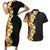 Hawaii Tropical Flowers Tribal Pattern Couples Matching Short Sleeve Bodycon Dress and Hawaiian Shirt No2 LT9 Black - Polynesian Pride