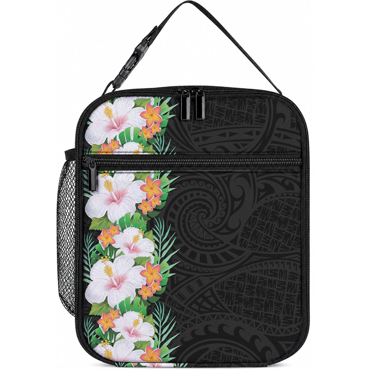 Hawaii Tropical Flowers Tribal Pattern Lunch Bag No3 LT9 10.2 × 8.3 × 4.3 inch Black - Polynesian Pride