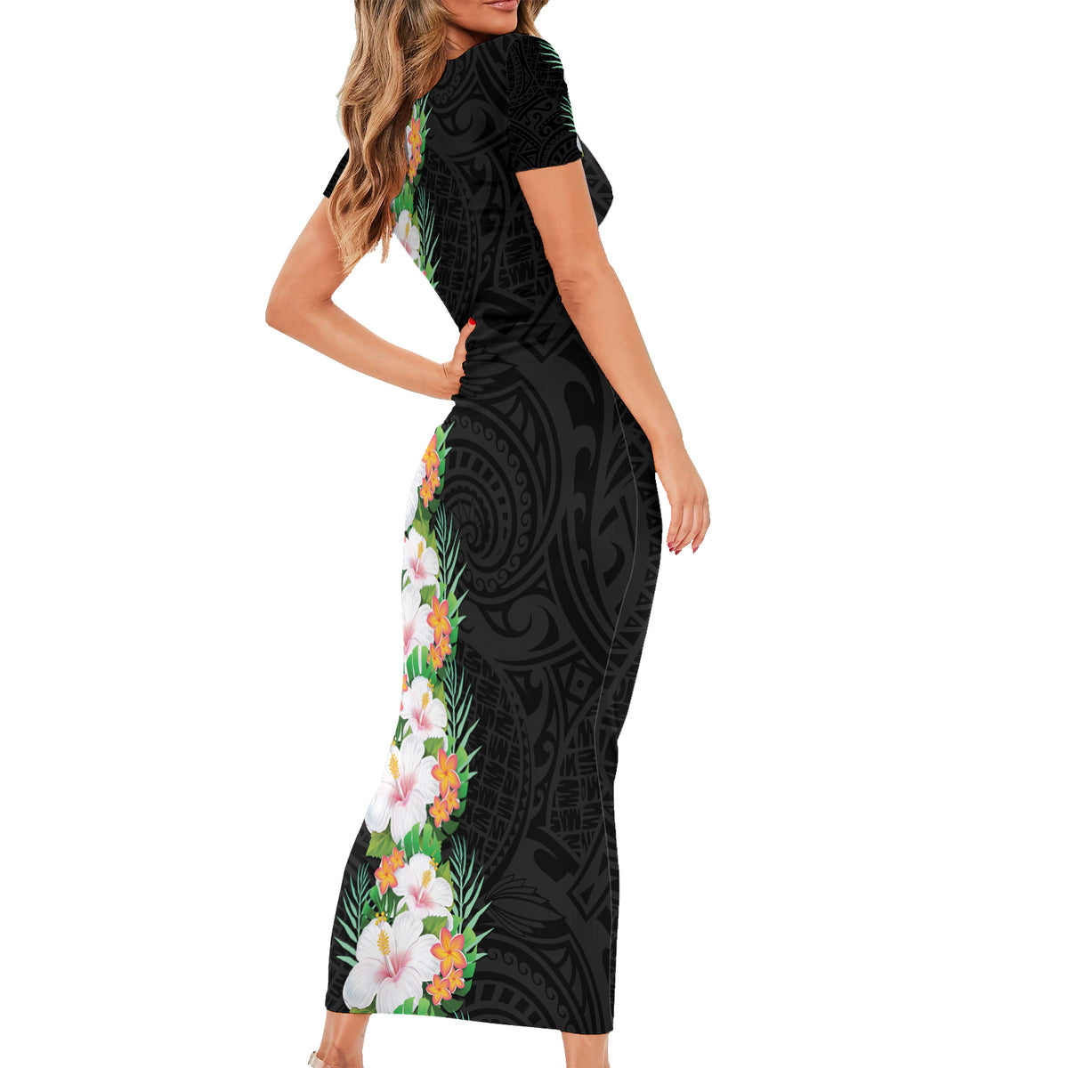 Hawaii Tropical Flowers Tribal Pattern Short Sleeve Bodycon Dress No3 LT9 - Polynesian Pride
