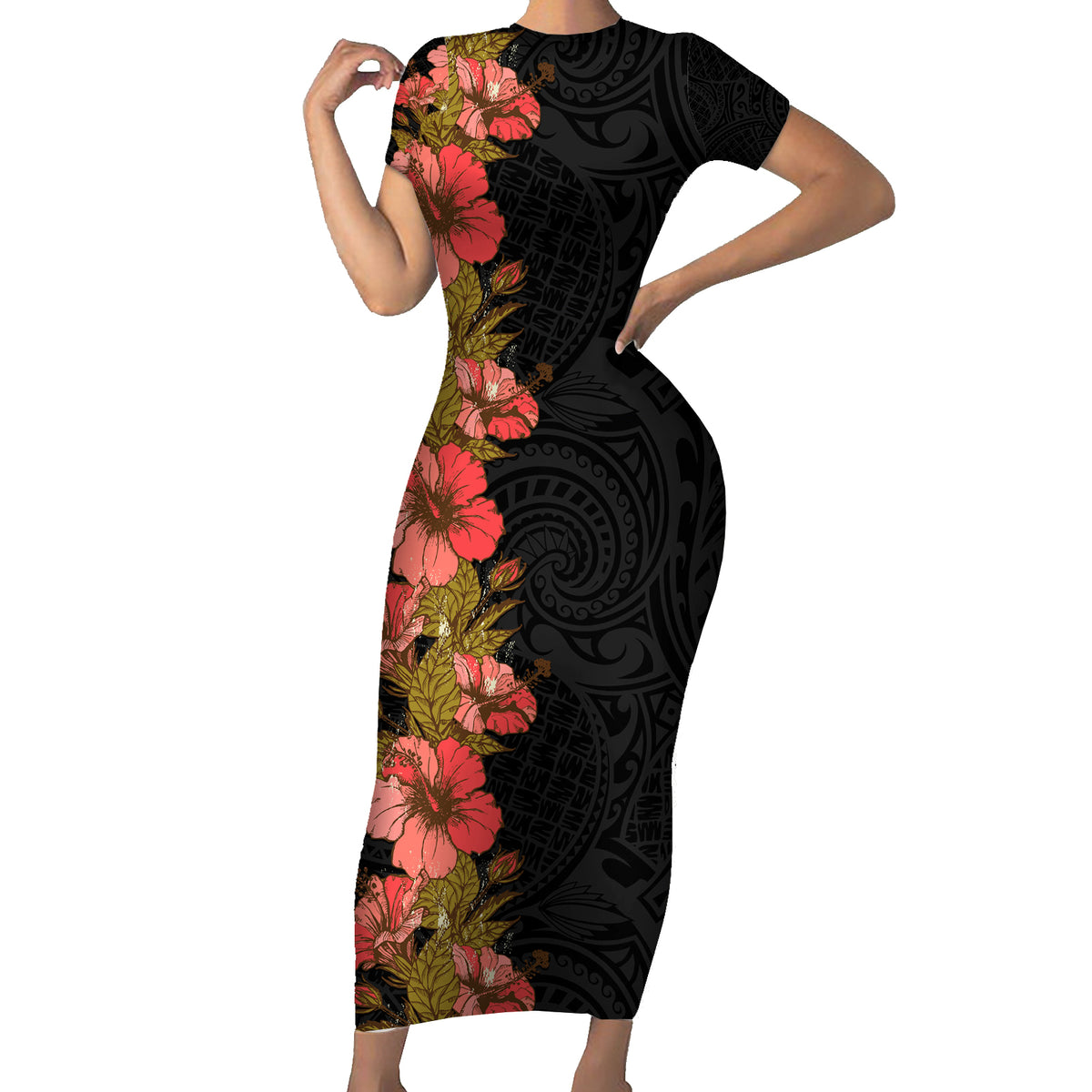 Hawaii Tropical Flowers Tribal Pattern Short Sleeve Bodycon Dress No4 LT9 Long Dress Black - Polynesian Pride