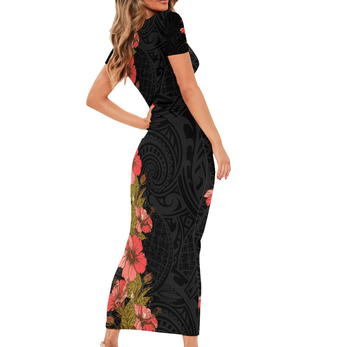 Hawaii Tropical Flowers Tribal Pattern Short Sleeve Bodycon Dress No4 LT9 - Polynesian Pride