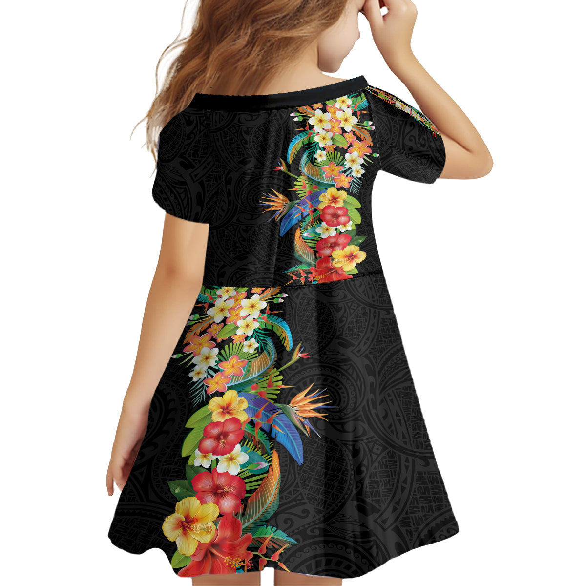 Hawaii Tropical Flowers Tribal Pattern Kid Short Sleeve Dress No5 LT9 - Polynesian Pride