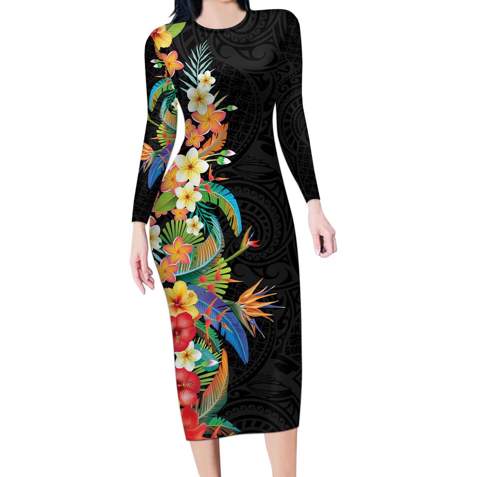 Hawaii Tropical Flowers Tribal Pattern Long Sleeve Bodycon Dress No5 LT9 Long Dress Black - Polynesian Pride