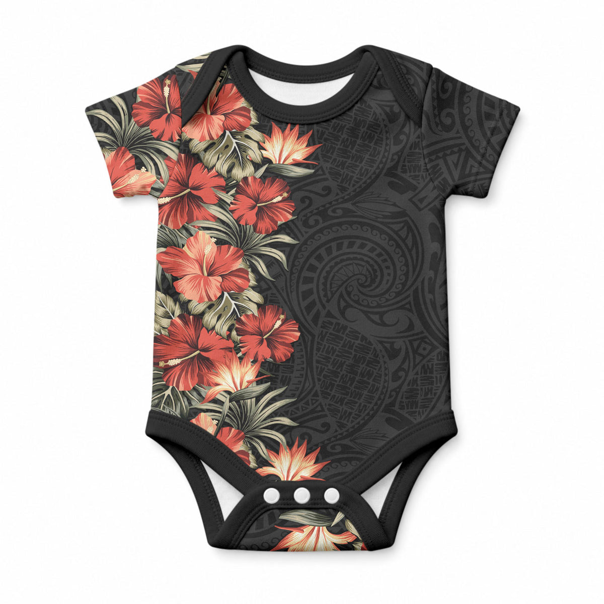 Hawaii Tropical Flowers Tribal Pattern Baby Onesie No6 LT9 Black - Polynesian Pride