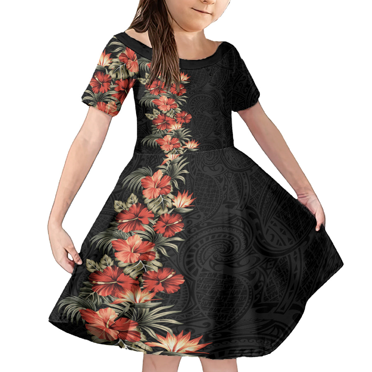 Hawaii Tropical Flowers Tribal Pattern Kid Short Sleeve Dress No6 LT9 KID Black - Polynesian Pride