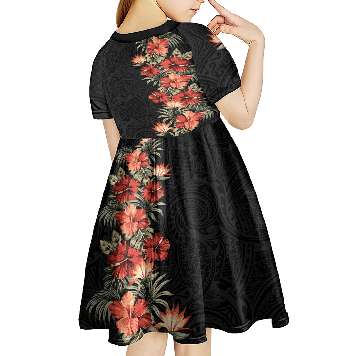 Hawaii Tropical Flowers Tribal Pattern Kid Short Sleeve Dress No6 LT9 - Polynesian Pride