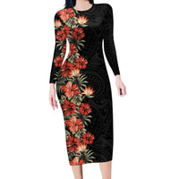 Hawaii Tropical Flowers Tribal Pattern Long Sleeve Bodycon Dress No6 LT9 Long Dress Black - Polynesian Pride