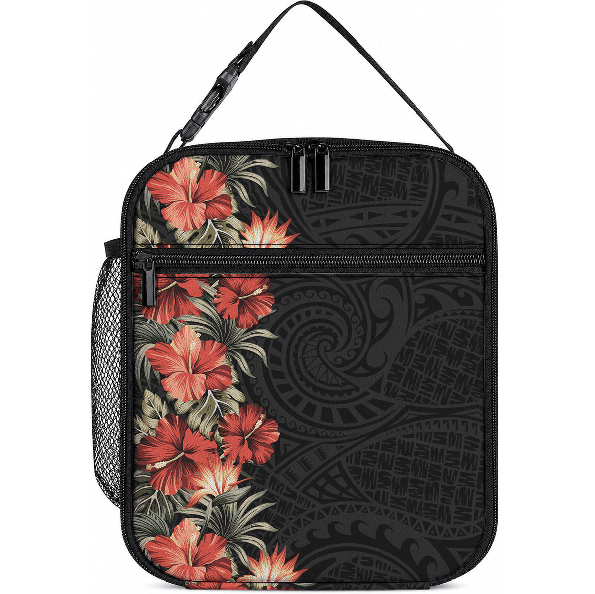 Hawaii Tropical Flowers Tribal Pattern Lunch Bag No6 LT9 10.2 × 8.3 × 4.3 inch Black - Polynesian Pride