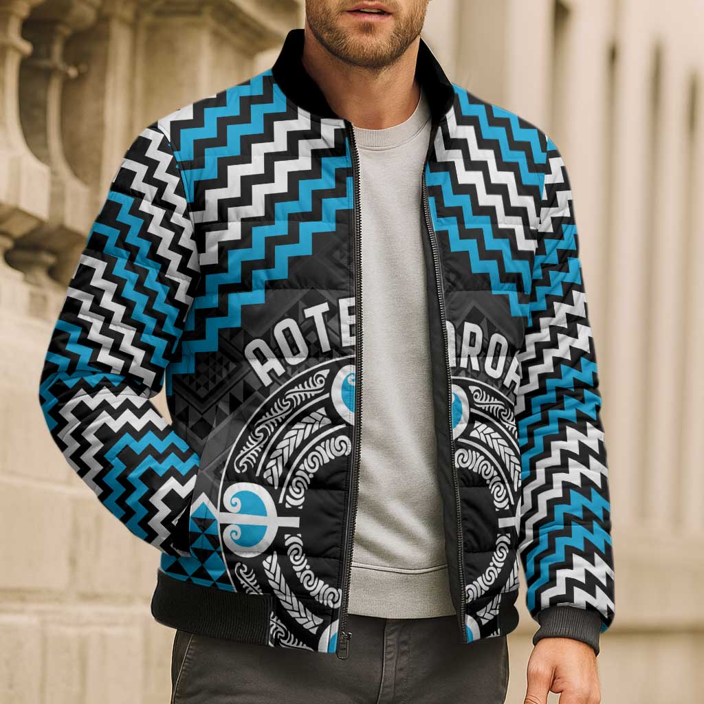 Personalised Aotearoa Niho Taniwha Motif Bomber Puffer Jacket Blue Style LT9 - Polynesian Pride