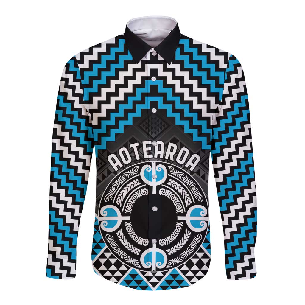 Personalised Aotearoa Niho Taniwha Motif Long Sleeve Button Shirt Blue Style LT9 Unisex Blue - Polynesian Pride