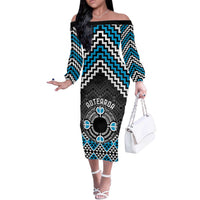 Personalised Aotearoa Niho Taniwha Motif Off The Shoulder Long Sleeve Dress Blue Style LT9 Women Blue - Polynesian Pride