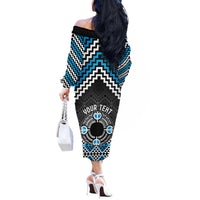 Personalised Aotearoa Niho Taniwha Motif Off The Shoulder Long Sleeve Dress Blue Style LT9 - Polynesian Pride