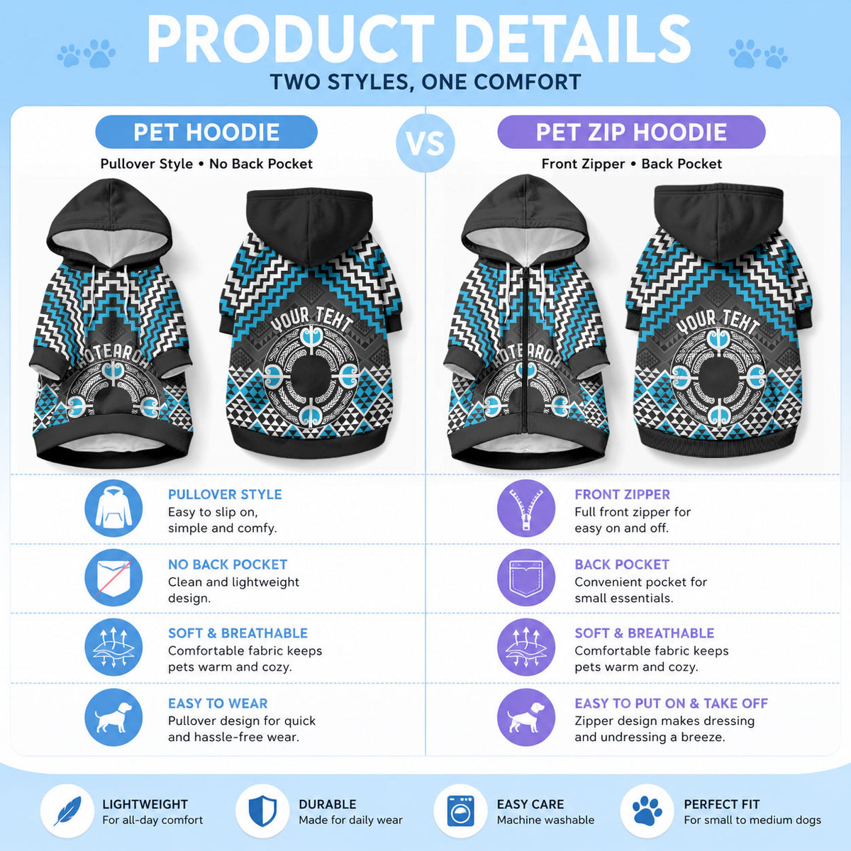 Personalised Aotearoa Niho Taniwha Motif Pet Hoodie Blue Style LT9 - Polynesian Pride