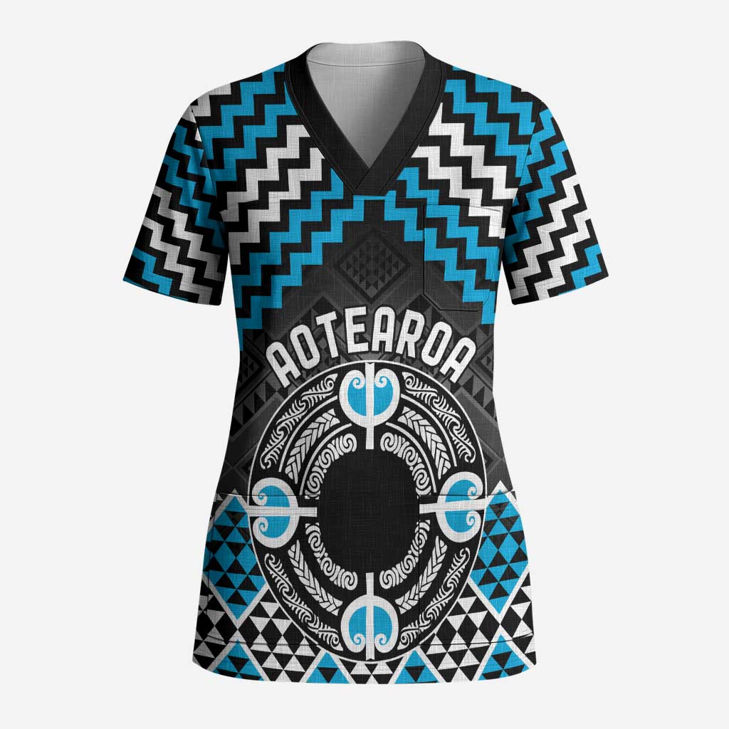 Personalised Aotearoa Niho Taniwha Motif Scrub Top Blue Style LT9 Adult Blue - Polynesian Pride