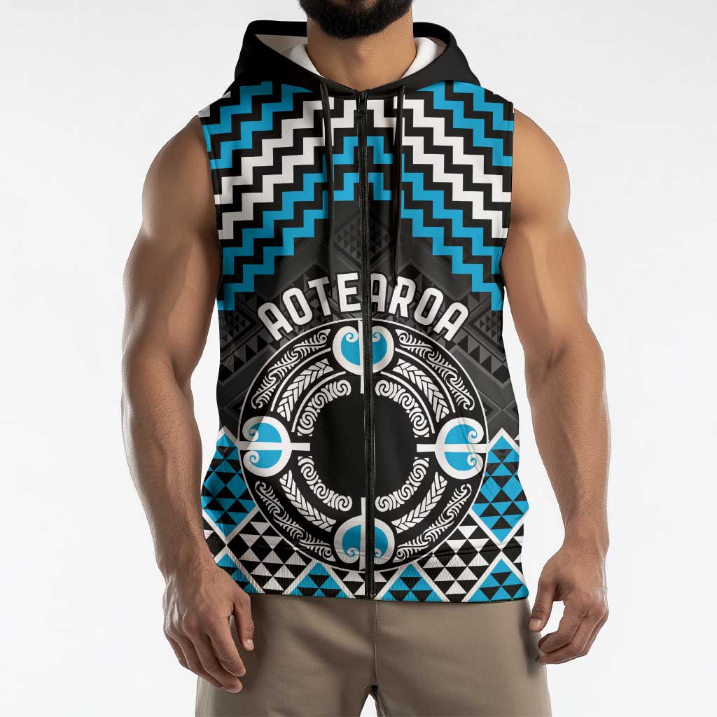 Personalised Aotearoa Niho Taniwha Motif Sleeveless Zip Hoodie Blue Style LT9 - Polynesian Pride